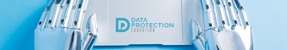 Robot hands typing on a laptop with the Data Protection Education logo on it, blue background