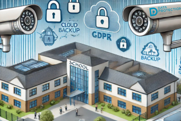 Ai generated image of a school. In the sky:  cctv cameras, padlocks, backup cloud, gdpr padlocks. Data Protection Education logo