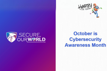 Secure our world log and october is cybersecurity month in blue on white background. Harry the Hacker Logo