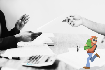 Black and white photo of one person passing a paper document to another person over a desk with a calculator on.  A cartoon of Harry the Hacker in colour running away with a bag of confidential waste