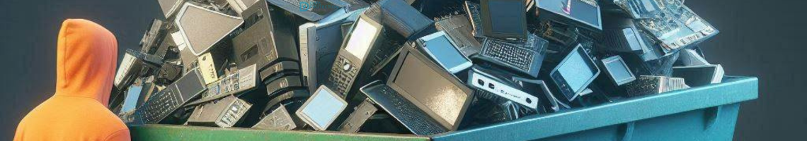 Large recycling bin with devices in, man in orange hoodie standing next to it. Secure data destruction sign on bin. Data Protection Education logo in the top left of the screen