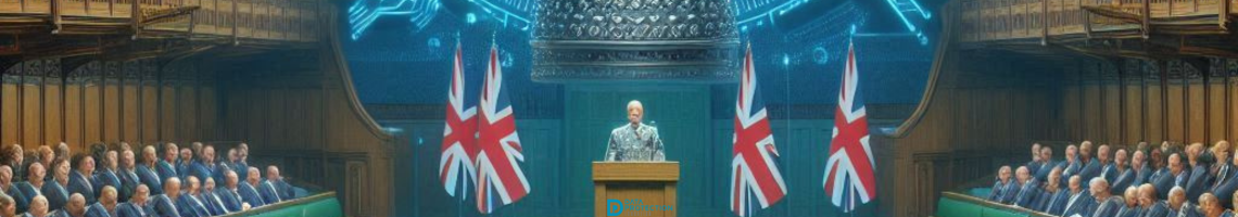 A digital illustration of a speech by the King about the Cyber Security and Resilience Bill. The image is created using Microsoft Designer and features a modern, professional design.