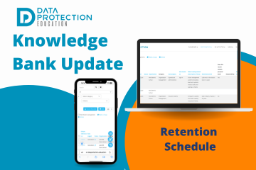 orange and blue circles.  Computer screen with retention schedule update in navy text on an orange background.  Knowledge Bank update in blue text. Data protection education logo.