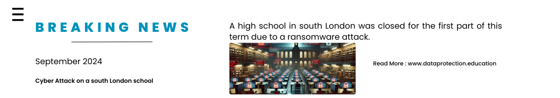 Breaking news in blue text, cyber attack on south london school. AI generated image of school hall with lots of computers with padlocks on the screen