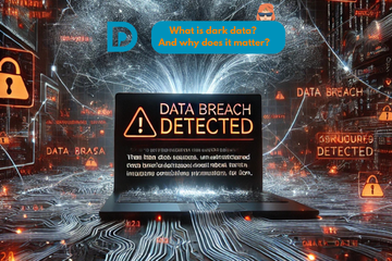 Ai generated image of dark data on a laptop with orange text on the screen saying Data breach detected.  Orange text on a blue background saying What is dark data and why does it matter?